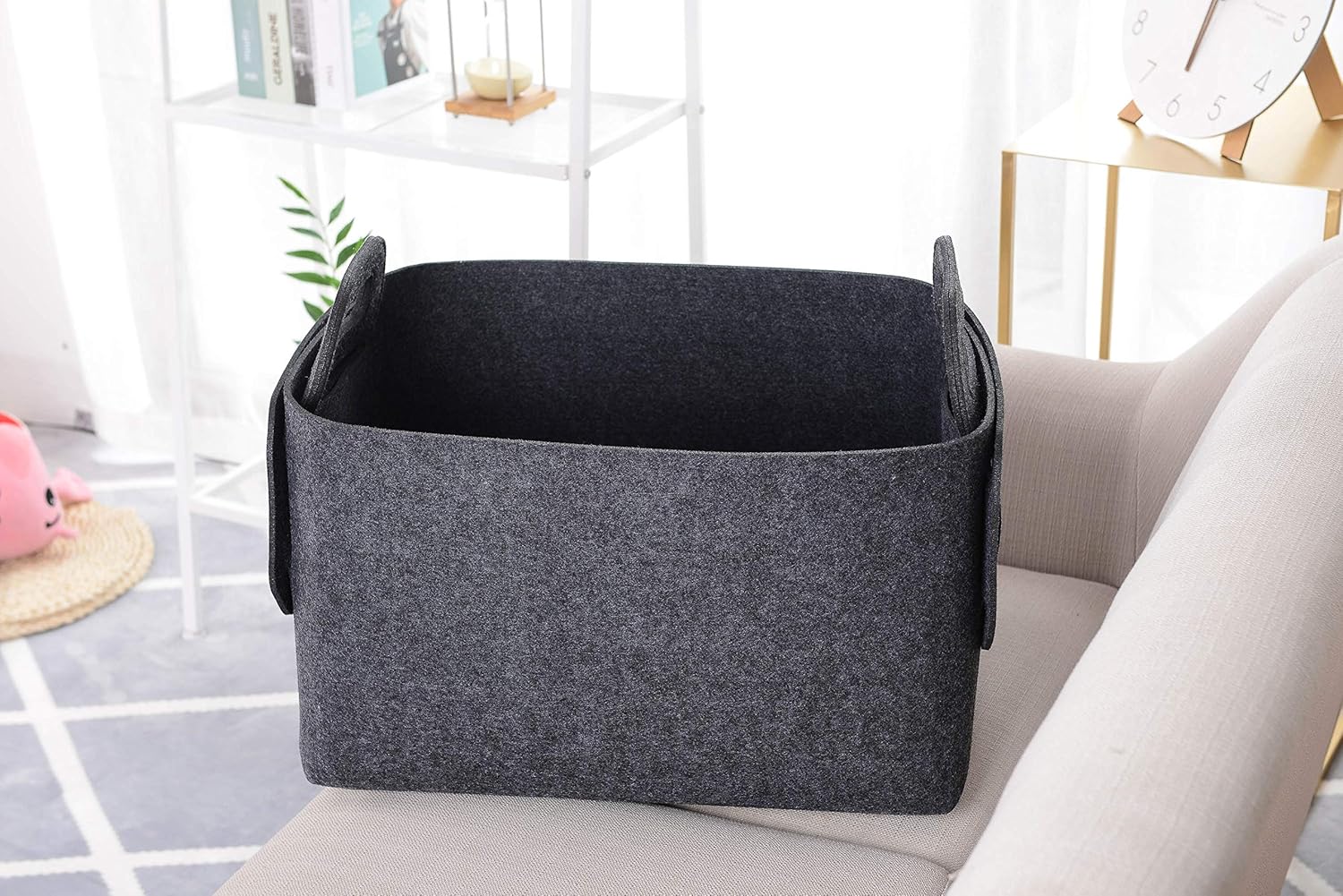 Storage Basket Felt Storage Bin Collapsible& Convenient Box Organizer with Carry Handles for Office Bedroom Closet Babies Nursery Toys Laundry (Dark grey, 19.9inch（L）×13.6inch（W）×12.6inch（H）)