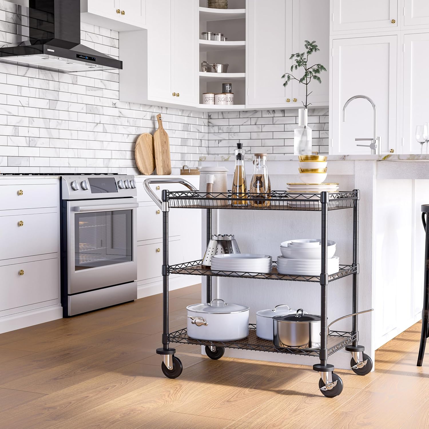 Seville Classics UltraDurable NSF Commercial Heavy Duty Metal Rolling Utility Cart, w/Steel Shelves, Handle Bar for Garage, Warehouse, Kitchen, Office, Deep Top Basket (34.75" W x 20.25" D), Graphite