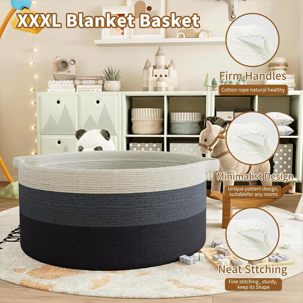 125L Extra Large Blanket Basket, 25" x 16", Jumbo Laundry Woven Cotton Rope Basket with Handles, Baby Toy Storage, Gradual Blue