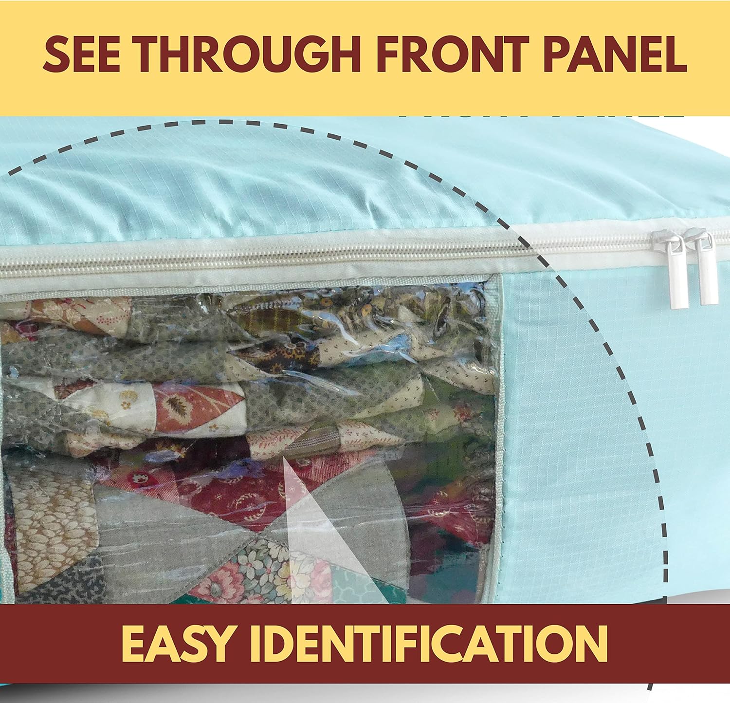 Madam Sew Quilt Blanket Storage Bag|Blanket Organizer|Comforter Storage for Clothes, Quilts, Bedding|Linen Bag Storage with Visible Front Panel, Strong Handles & 2-Way Zipper - Turquoise 22x15x8"