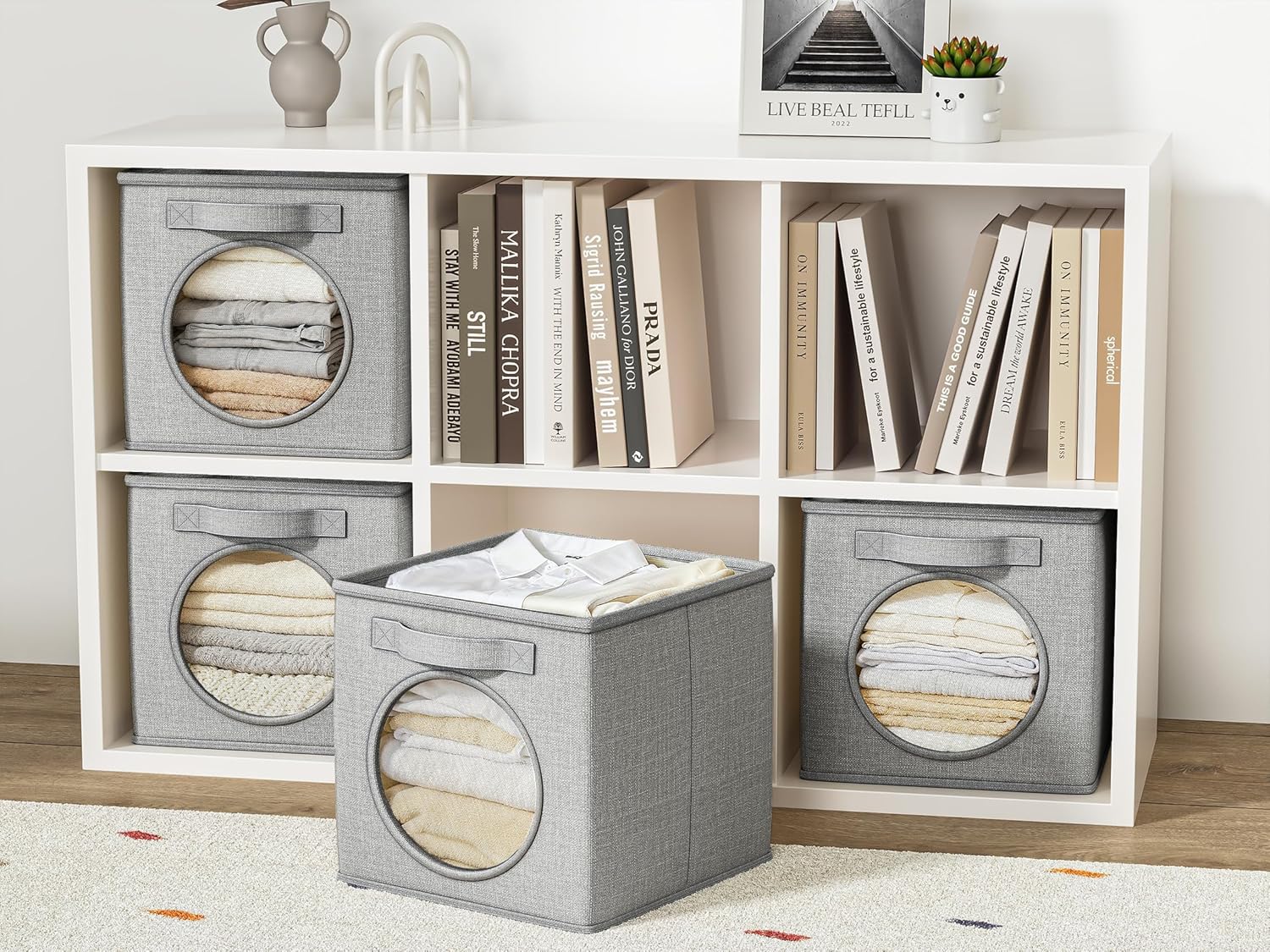 Vailando Foldable Fabric Storage Cube with Round Window - 4 Pack 11"x11"x11" Collapsible Closet Organizer Bins for Clothes, Shelves, Offices, Toys & Misc, Light Gray