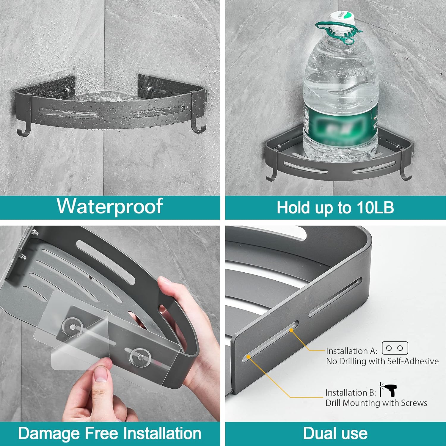 Hoomtaook 2-Tier Corner Shower Shelf No Drilling Bathroom Shelves Shower Caddies Adhesive Bath Corner Shelf Wall Mounted Bathroom Shower Caddy Organizer - Dark Grey