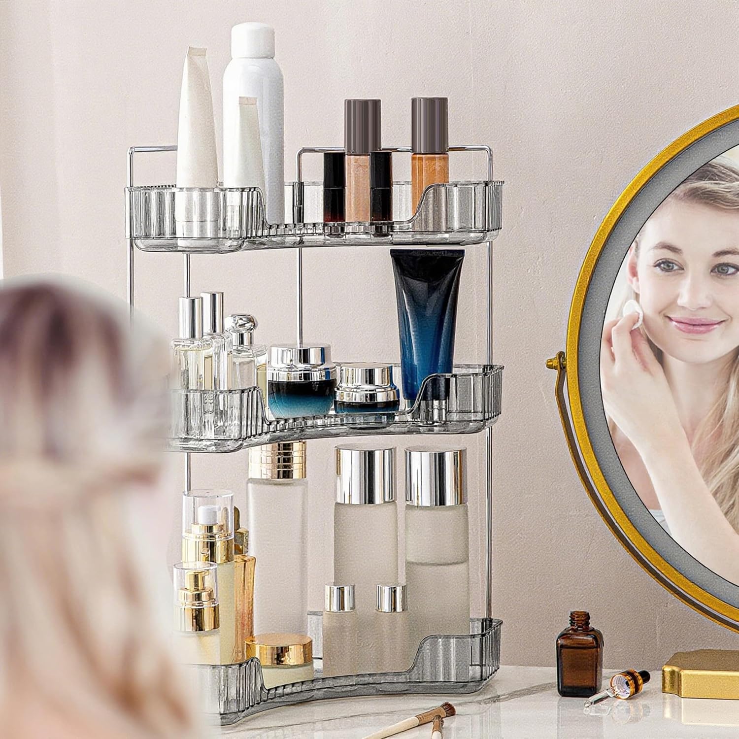 Corner Bathroom Countertop Organizer, Vanity Organizer Trays for Counter, Makeup Organizers, Perfume Tray, Skincare Shelf Storage Gifts for Women Girl Student (Smoky Gray 3 Tiers)