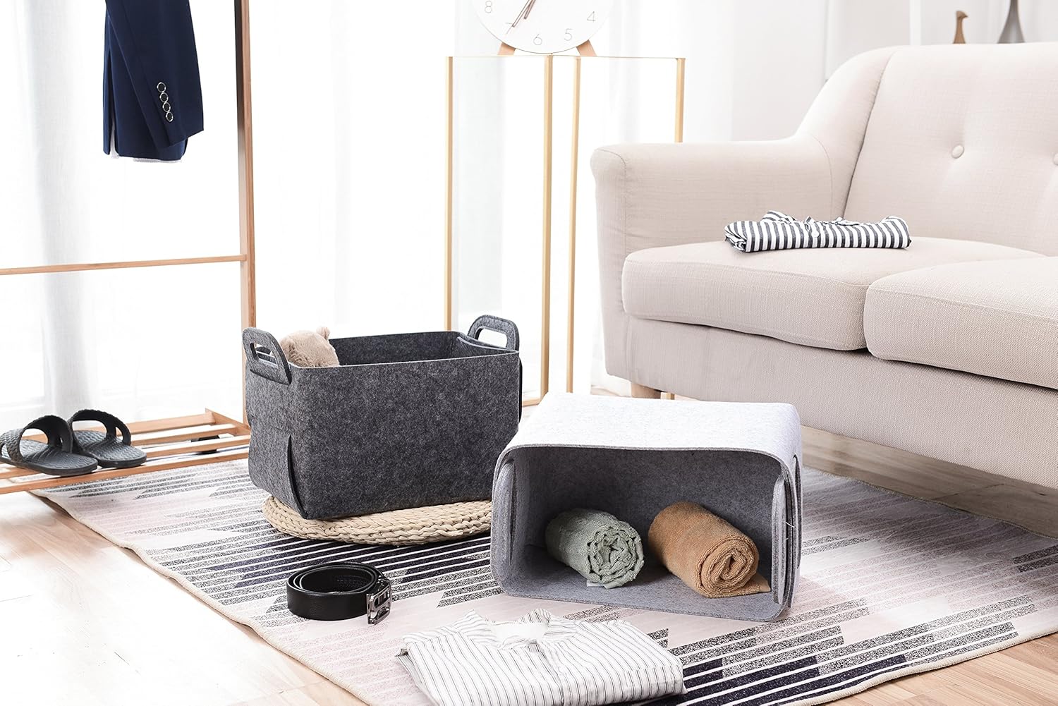 Storage Basket Felt Storage Bin Collapsible& Convenient Box Organizer with Carry Handles for Office Bedroom Closet Babies Nursery Toys Laundry (Light grey, 13.8inch（L）×9.5inch（W）×8.3inch（H）)