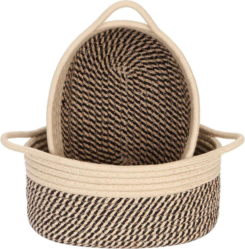 Sea Team 2-Pack Cotton Rope Baskets, 10 x 7 x 4 Inches Small Woven Storage Basket, Fabric Tray, Bowl, Oval Open Dish for Fruits, Jewelry, Keys, Sewing Kits (Mottled Flaxen & Khaki)