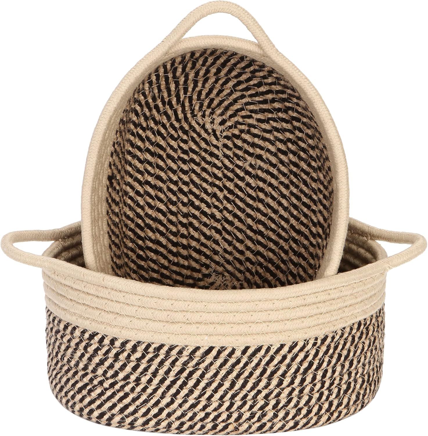 Sea Team 2-Pack Cotton Rope Baskets, 10 x 7 x 4 Inches Small Woven Storage Basket, Fabric Tray, Bowl, Oval Open Dish for Fruits, Jewelry, Keys, Sewing Kits (Mottled Flaxen & Khaki)