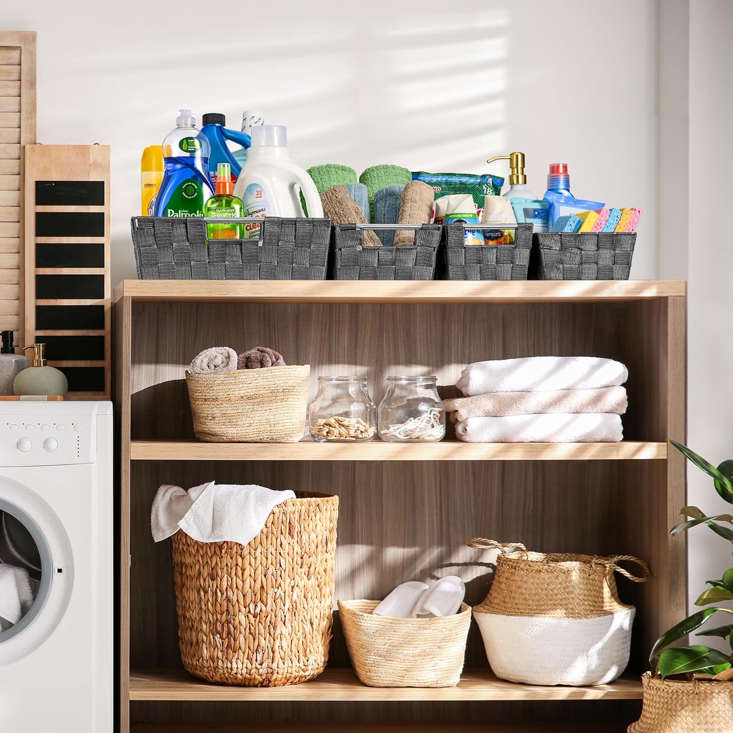 Sorbus Set of 9 Woven Storage Baskets – Mesh Hand-Woven Baskets for Organizing, Fabric Storage Bins for Linen Closet Organizer, Storage Baskets for Shelves, Home Organization and Decor (Gray)