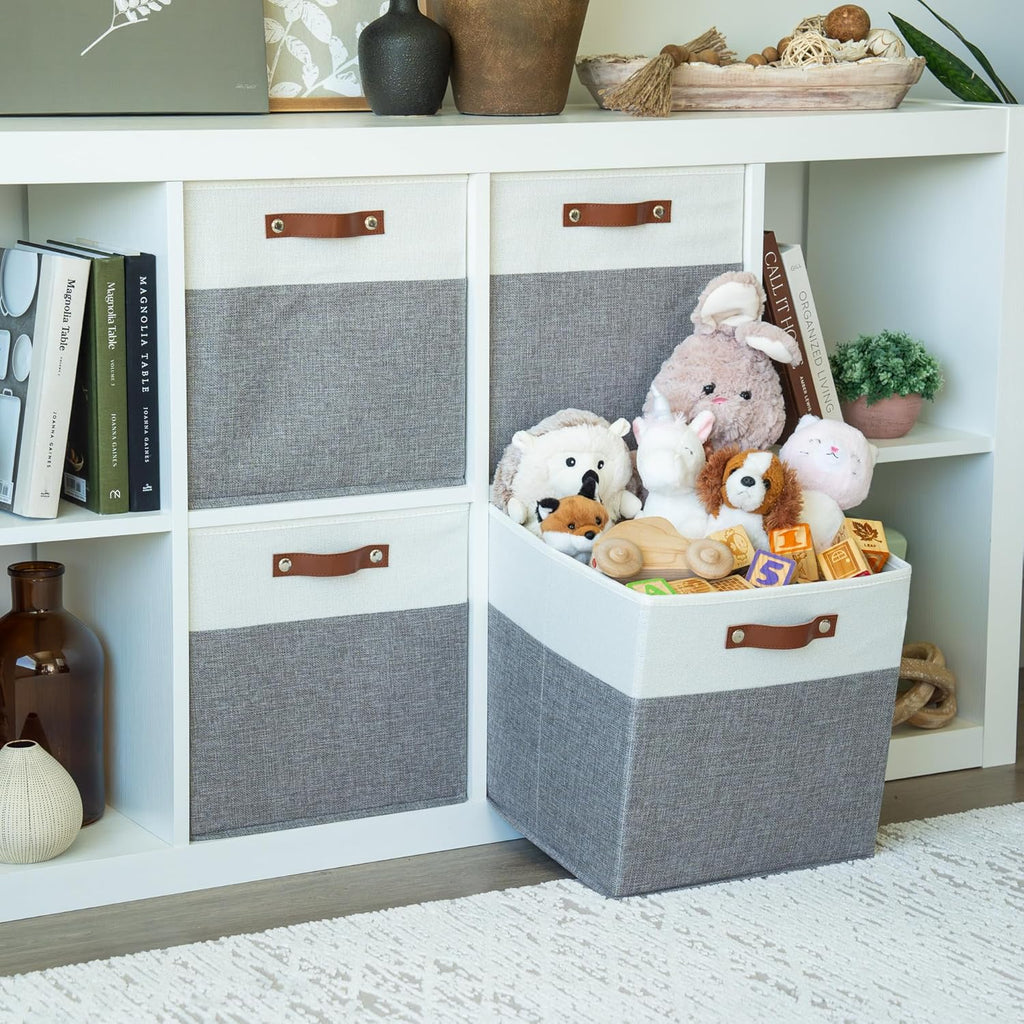 OrganiHaus 13" x 13" x 13" Cube Fabric Storage Bins Set of 4, Fabric Storage Cubes w/ Vegan Handles, 13 inch Collapsible Bins for Clothes & Toys Organizer, 13x13 Basket for Decor - Grey/White