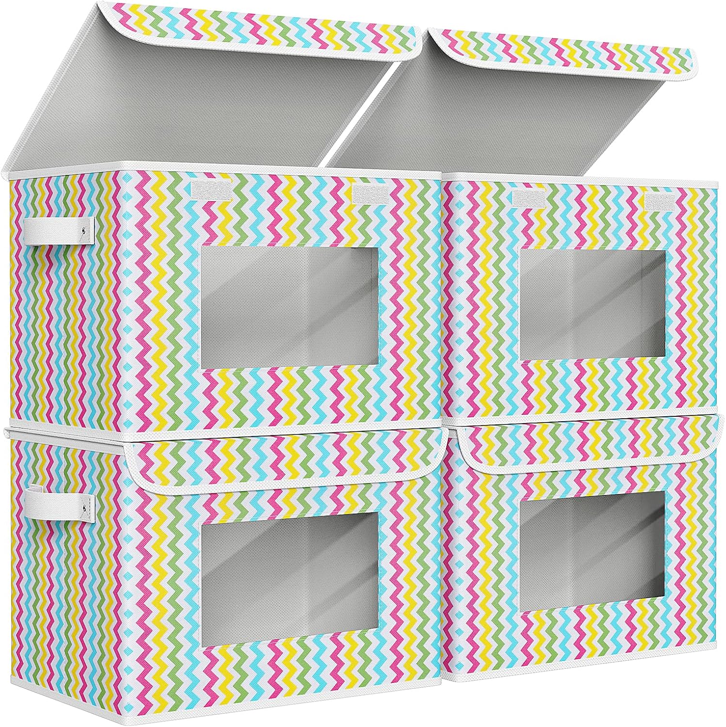 Univivi Fabric Foldable Storage Boxes [4-Pack] Large Collapsible Stackable Storage Bins with Lids, Closet Organizers and Storage Cube Basket for Home, Office, Bedroom (Colorful, 17”x 12” x 12”)