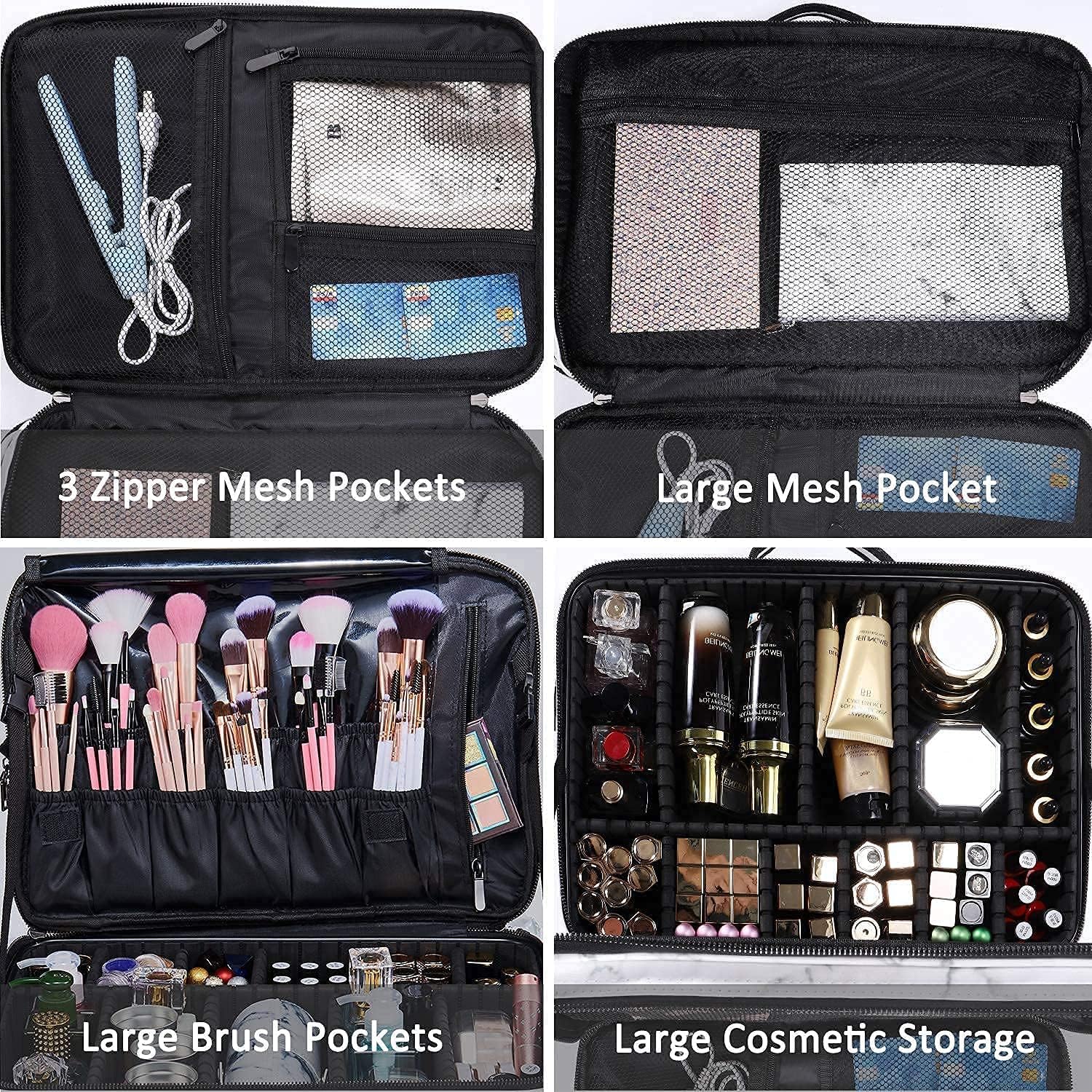 JOURMON Travel Makeup Train Case,Large Capacity Cosmetic Bags for Women,Portable Makeup Bag Organizer with Adjustable Dividers & Shoulder Strap(Marble White, Large)