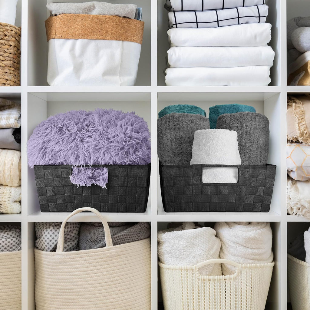 Sorbus Set of 3 Large Woven Storage Baskets – Mesh Hand-Woven Baskets for Organizing, Fabric Storage Bins for Linen Closet Organizer, Storage Baskets for Shelves and Home Organization (Black)