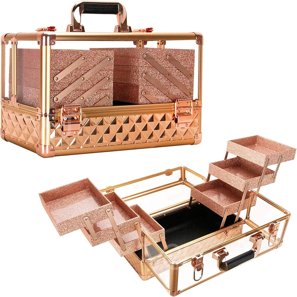 Ver Beauty Makeup Train Case 14 inch Armored Acrylic Large Portable Cosmetic Case 6 Trays Professional Storage Organizer Box Make Up Artist Jewelry Nail Kits Crafts Display Brush Holder- Rose Gold