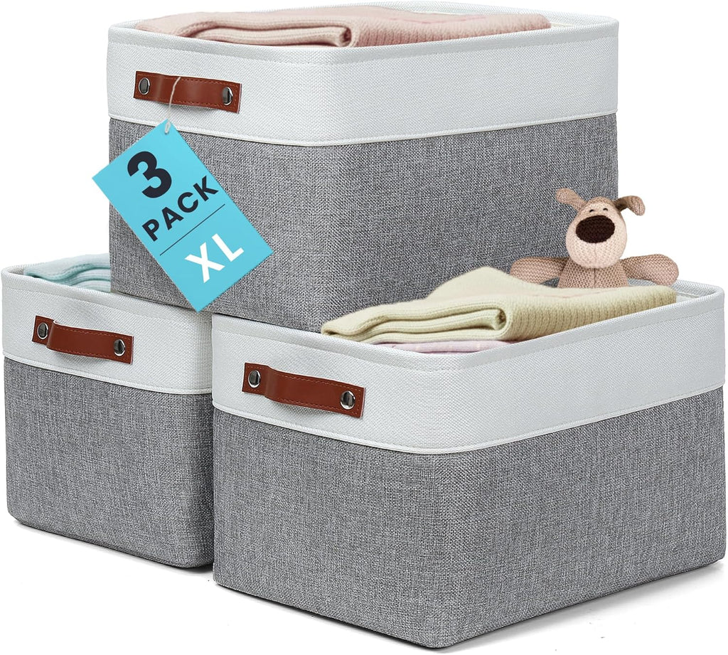 OrganiHaus Extra Large Fabric Storage Baskets for Shelves 3 Pack, 16x13in Closet Storage Bins for Shelves, Canvas Baskets for Organizing, Linen Closet Organizers, Cloth Basket, Gray/Off-White