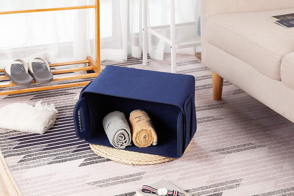 Minoisome Storage Basket Felt Storage Bin Collapsible& Convenient Box Organizer with Carry Handles for Office Bedroom Closet Babies Nursery Toys Laundry (Navy Blue, 13.8inch（L）×9.5inch（W）×8.3inch（H）)