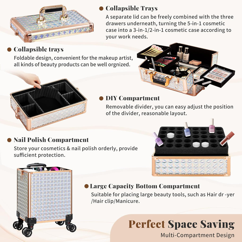 AROUS 5 in 1 Rolling Makeup Train Case Cosmetology Case on Wheels Large Cosmetic Organizer Travel Cart for Hairstylist Artist Nail Beauty Salon Barber,White