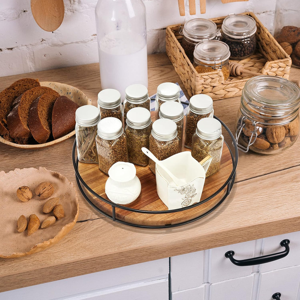 10" Acacia Wood Lazy Susan Turntable, Tomoaza Kitchen Organizer Turntable with Steel Sides, 360 Degree Lazy Susan for Countertop Cabinet or Dining Table (Black)