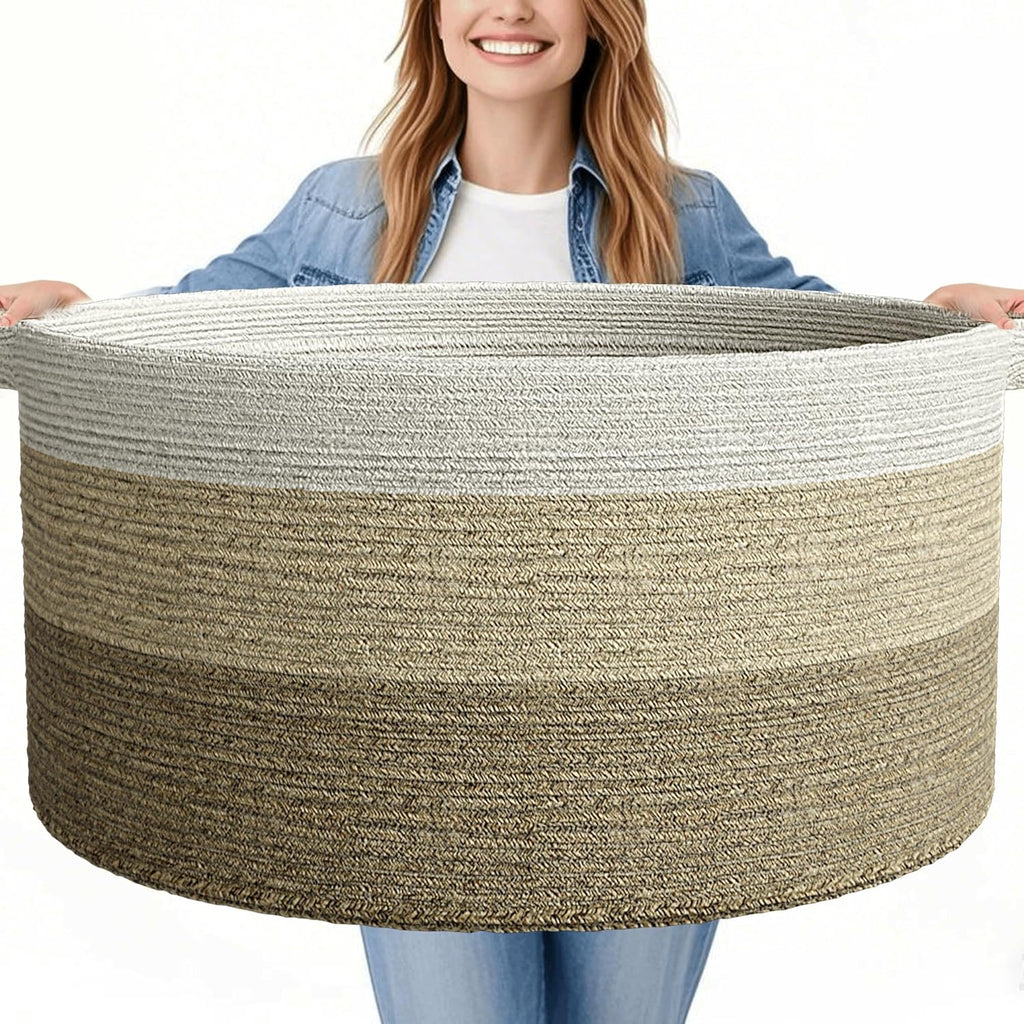 125L Extra Large Blanket Basket, 25" x 16", Jumbo Laundry Woven Cotton Rope Basket with Handles, Baby Toy Storage, Gradual Brown