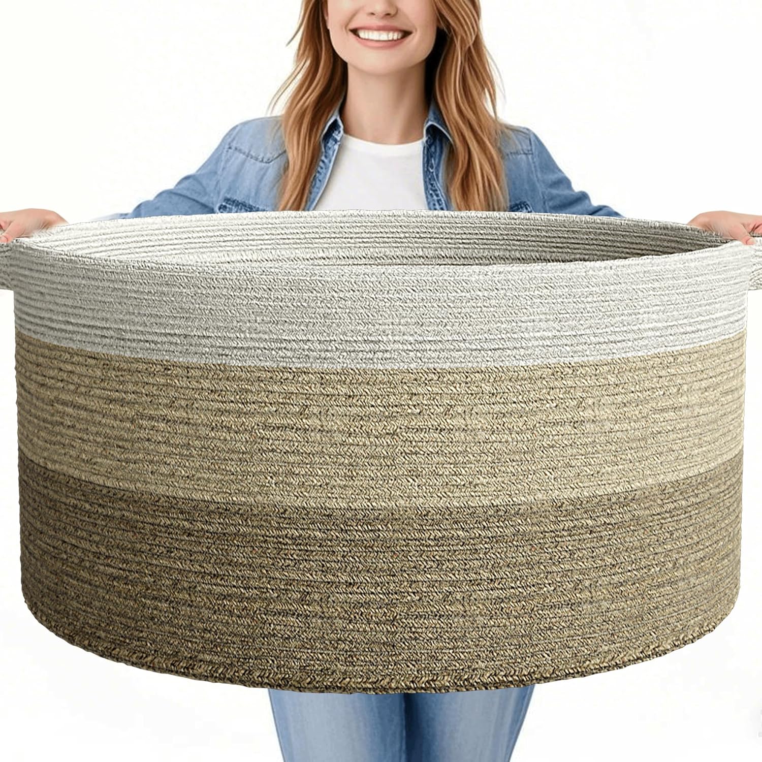 125L Extra Large Blanket Basket, 25" x 16", Jumbo Laundry Woven Cotton Rope Basket with Handles, Baby Toy Storage, Gradual Brown