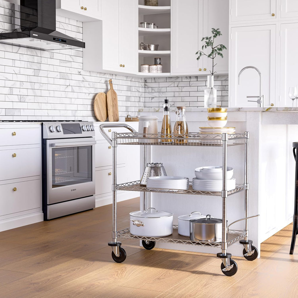 Seville Classics UltraDurable NSF Commercial Heavy Duty Metal Rolling Utility Cart, w/ Steel Shelves, Handle Bar for Restaurant, Garage, Warehouse, Kitchen, Office, Top Basket 35.5"W x 20.25"D, Chrome