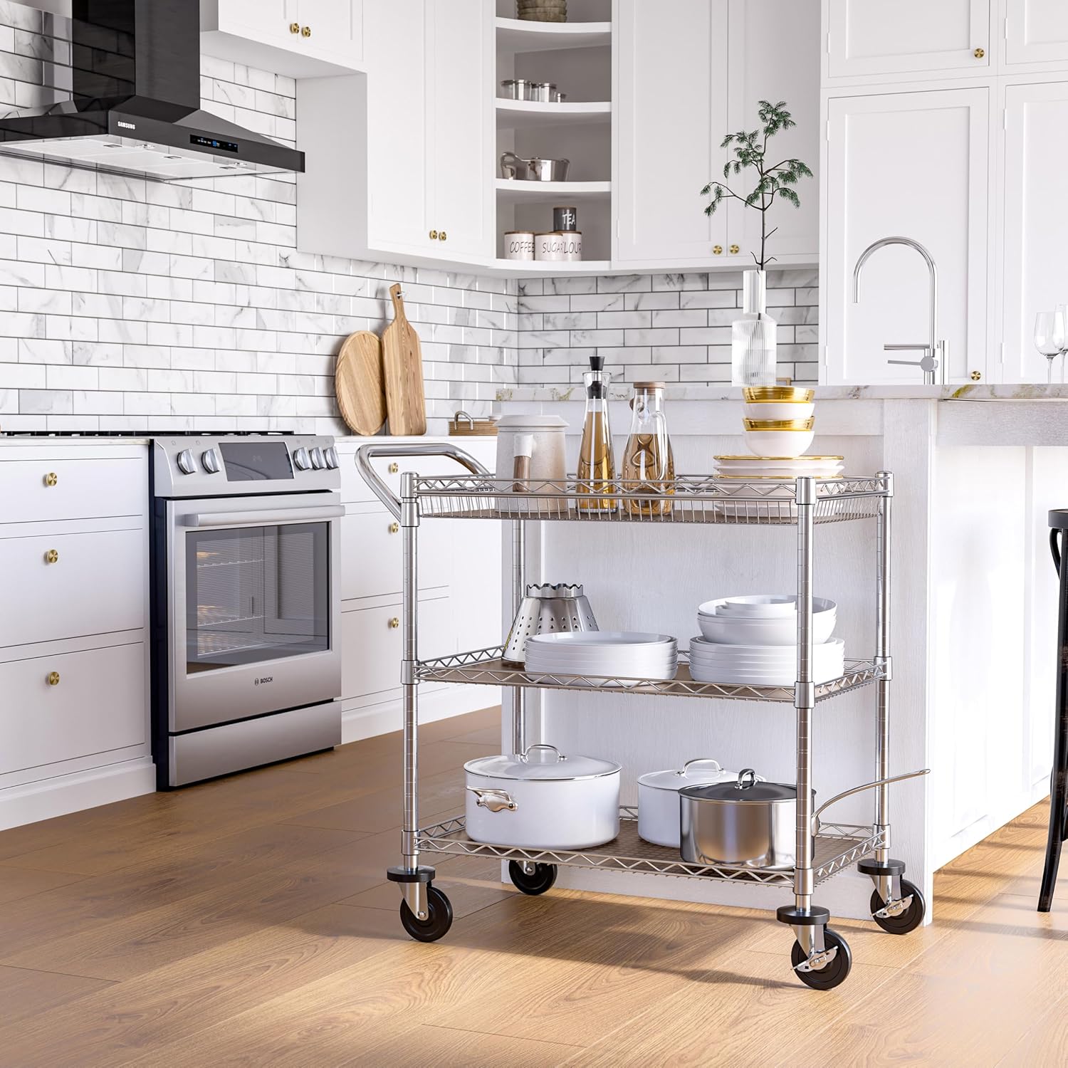 Seville Classics UltraDurable NSF Commercial Heavy Duty Metal Rolling Utility Cart, w/ Steel Shelves, Handle Bar for Restaurant, Garage, Warehouse, Kitchen, Office, Top Basket 35.5"W x 20.25"D, Chrome