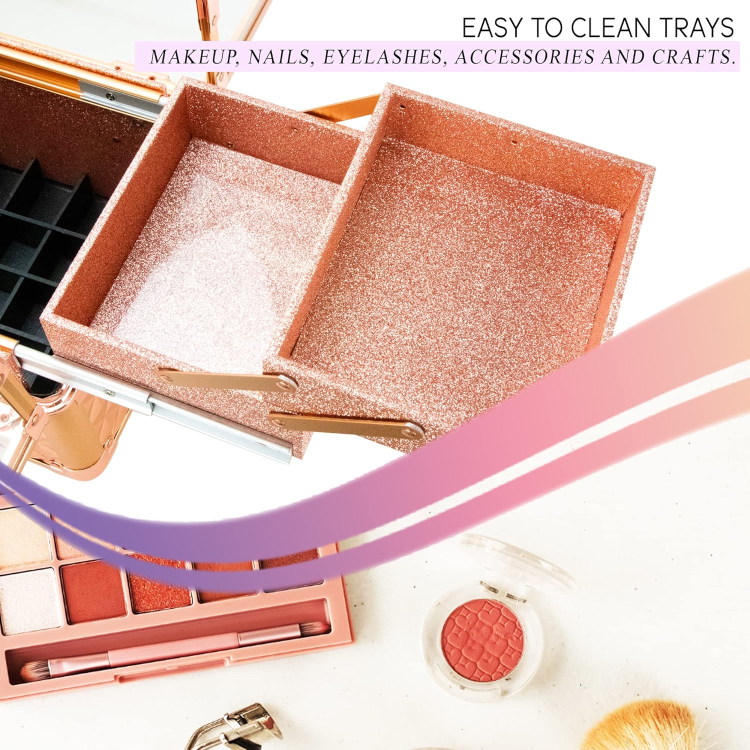 Ver Beauty Armored Acrylic Cosmetic Case Organizer Train Makeup Case with 4 Extendable Trays and Bottom Compartment Key and Lock (Rose Gold Diamond)