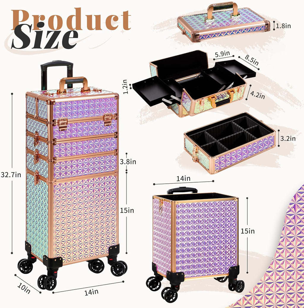 AROUS 5 in 1 Rolling Makeup Train Case Cosmetology Case on Wheels Large Cosmetic Organizer Travel Cart for Hairstylist Artist Nail Beauty Salon Barber,Colorful