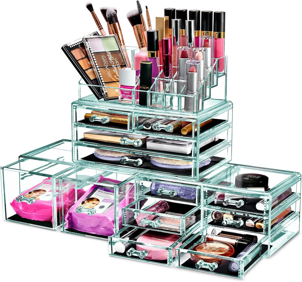 Sorbus Large Makeup Organizer - Clear Stackable Jewelry & Makeup Organizer For Vanity, Bathroom Storage, Dresser - 12 Drawers Cosmetic Beauty Organizers and Storage with Lipstick, Makeup Brush Holder