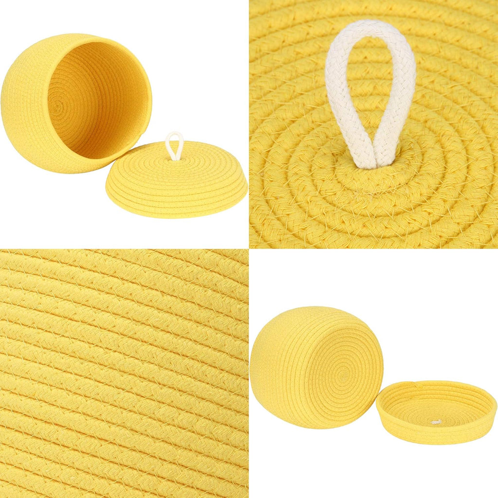 Sea Team Round Cotton Rope Storage Basket with Lid, Decorative Woven Storage Bin, Pot, Caddy, Organizer, Container for Snacks, Towels, Plants, 10 x 7.5 Inches (Small, Yellow)