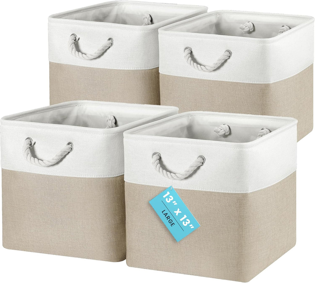 OrganiHaus 13x13 Cube Storage Bins 4 Pack, Foldable Cube Storage Organizer w/ Rope Handles, Collapsible Fabric Bins for Toys, Clothes & Closet Organization, Fabric Square Baskets - Beige/White