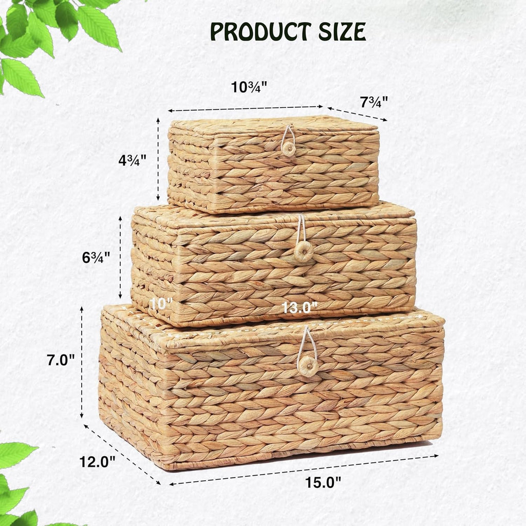 Set of 3 Wicker Storage Baskets with Lid, Large Rectangular Rattan Basket Decorative Boxes, Natural Water Hyacinth Wicker Basket for Shelf Organizer, Nursery Room
