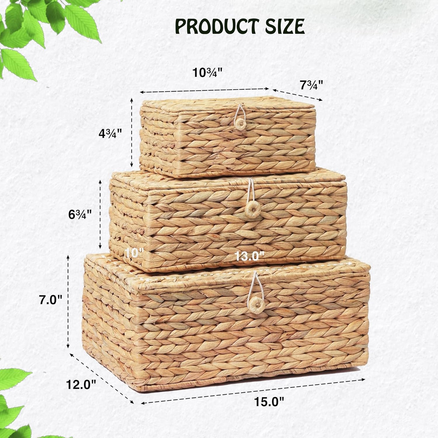 Set of 3 Wicker Storage Baskets with Lid, Large Rectangular Rattan Basket Decorative Boxes, Natural Water Hyacinth Wicker Basket for Shelf Organizer, Nursery Room