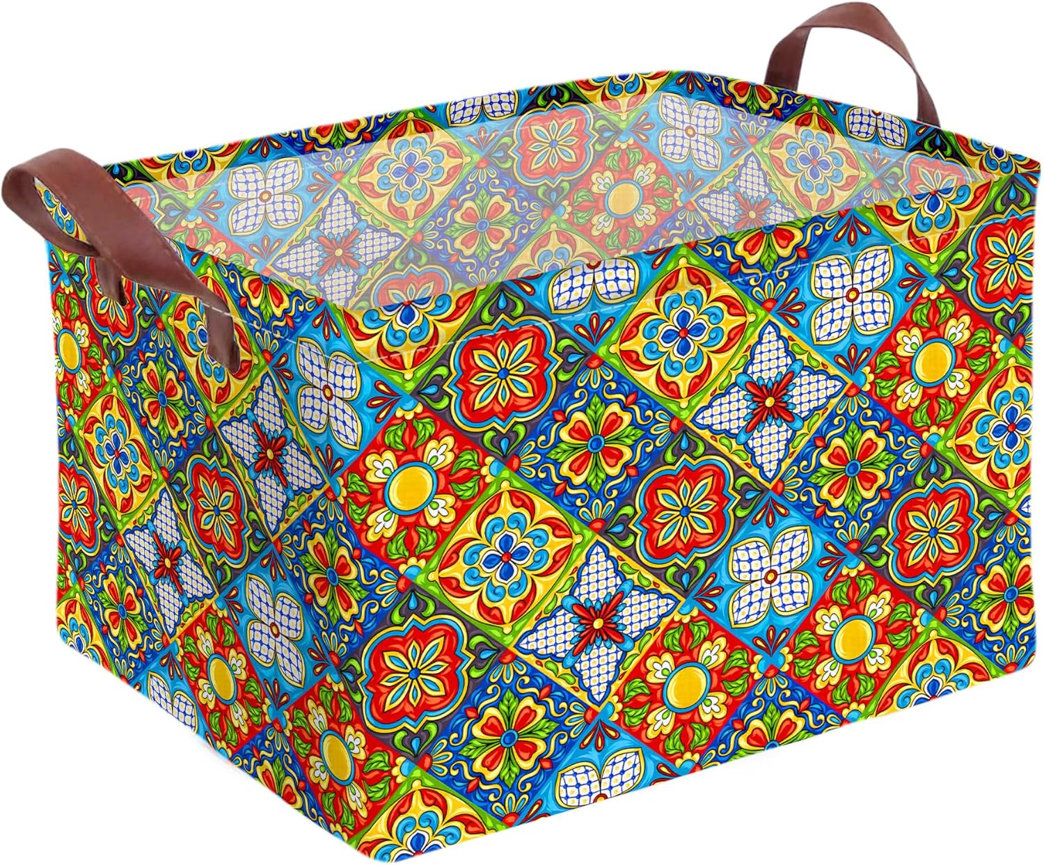 Mexican Talavera Decor Storage Basket Waterproof Canvas Toy Storage Bin Mexican Decor For Home Collapsible Outdoor Basket with Leather Handles Mexican Gifts Blanket Baskets For Closets,Bedrooms