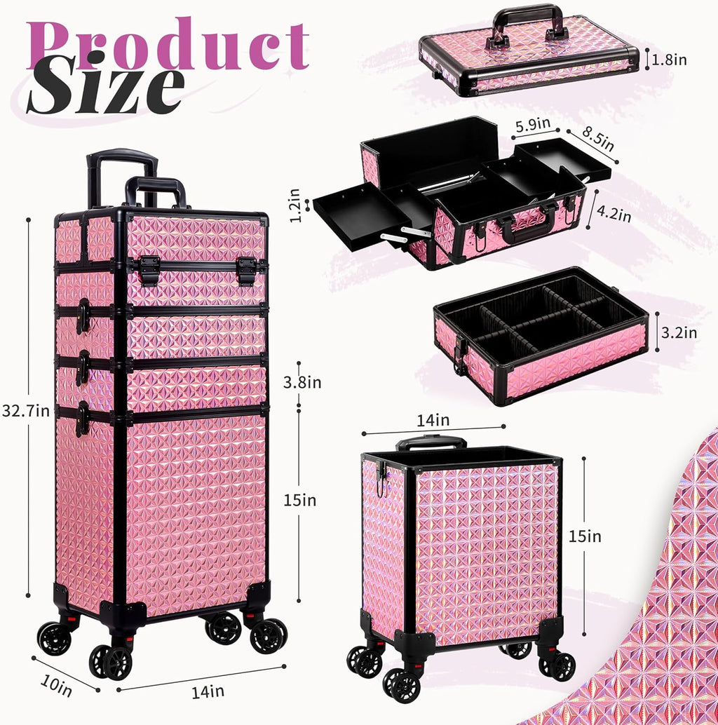 AROUS 5 in 1 Rolling Makeup Train Case Cosmetology Case on Wheels Large Cosmetic Organizer Travel Cart for Hairstylist Artist Nail Beauty Salon Barber,Pink