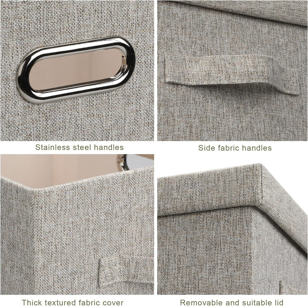 Medium 15" 21 Quart Collapsible Stackable Storage Bins with Lids, 1 Pack Beige Foldable Fabric Closet Storage Boxes with Lids, Heavy-duty Linen Baskets for Bedroom