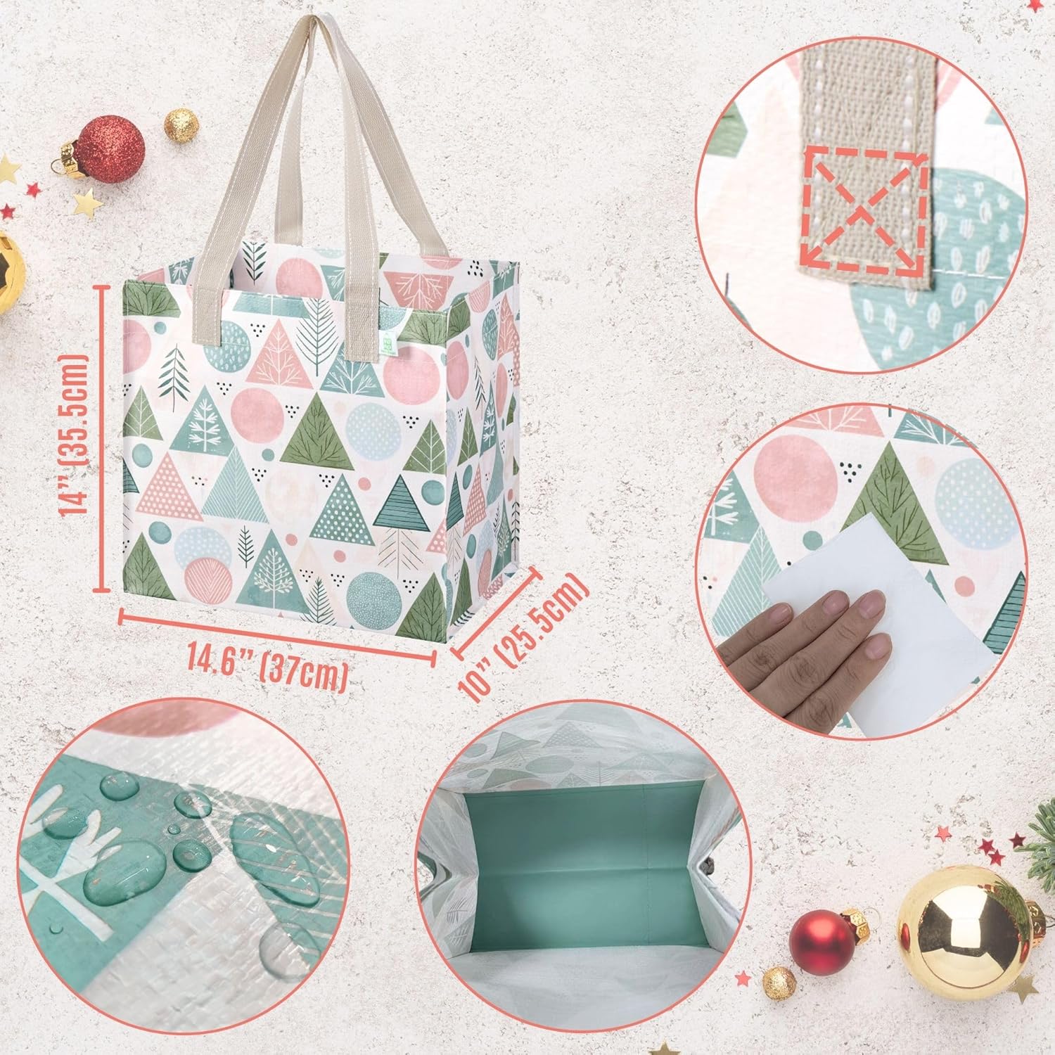 VENO 4 Pack Christmas Reusable Grocery Bags, Heavy-Duty Shopping Bags with Handles, for Shopping Cart with Hard Bottom to Stand Upright, Foldable (Pastel Forest, 4 Pack)