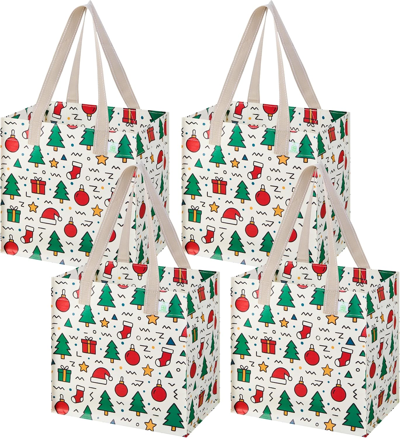 VENO 4 Pack Christmas Reusable Grocery Bags, Heavy-Duty Shopping Bags with Handles, for Shopping Cart with Hard Bottom to Stand Upright, Foldable (Jingle Mix, 4 Pack)