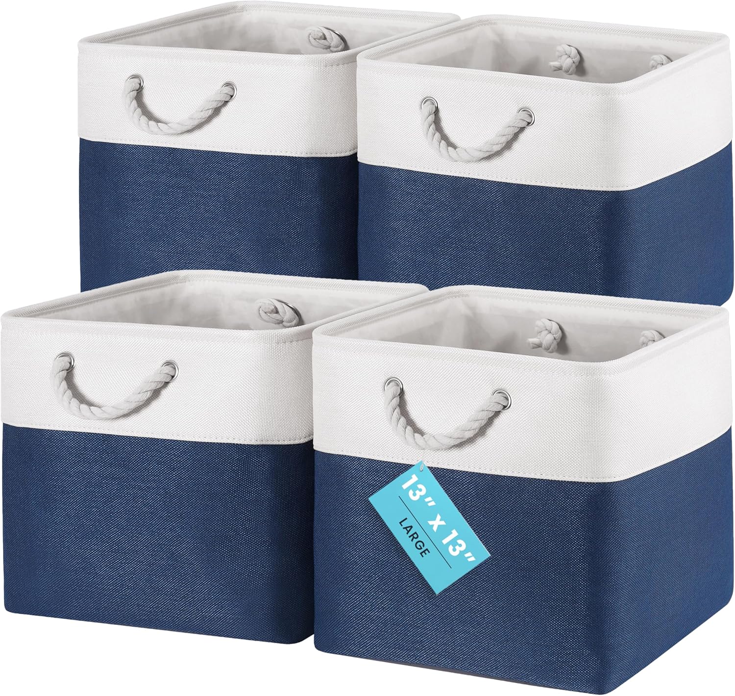 OrganiHaus 12x12 Cube Storage Bins 4 Pack, Foldable Cube Storage Organizer w/ Rope Handles, Collapsible Fabric Bins for Toys, Clothes & Closet Organization, Fabric Square Baskets - Navy Blue