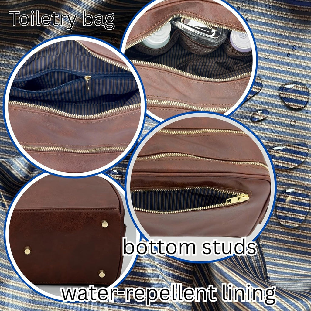 Dopp Gift Large Travel Toiletry Bag Premium Quality PU Leather Two compartments YKK Zippers Water-resistant Bottom Studs Mesh Pockets Durable Cosmetic Organizer DARK BROWN