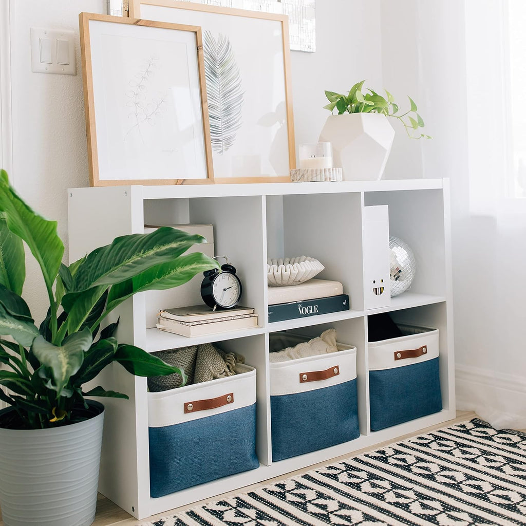 OrganiHaus Extra Large Fabric Storage Baskets for Shelves 3 Pack, 16x13in Closet Storage Bins for Shelves, Canvas Baskets for Organizing, Linen Closet Organizers, Cloth Basket, Navy Blue/Off-White