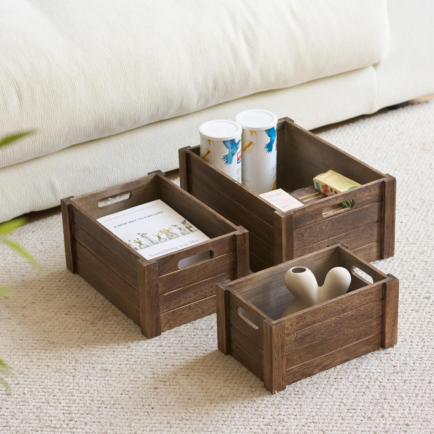 Large Vintage Brown Wooden Crates For Storage,Nesting Handmade Solid Wood Vintage Black Wood Storage Boxes.Storage Crates For Organizing.