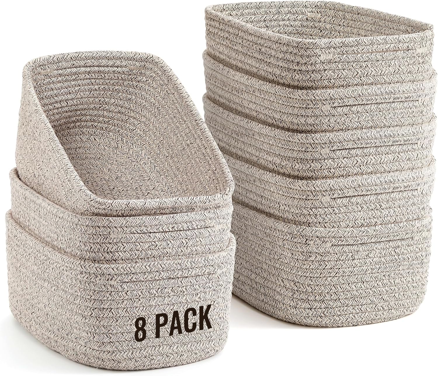 8 Pack Small Storage Baskets for Organizing, Woven Rope Bins for Bathroom, Closet, Shelf Organizer, Cute Cube Decorative Box for Towels, Baby Nursery, Toys, Gift Empty Baskets - 11.5"x7.5"x4.7"-Brown