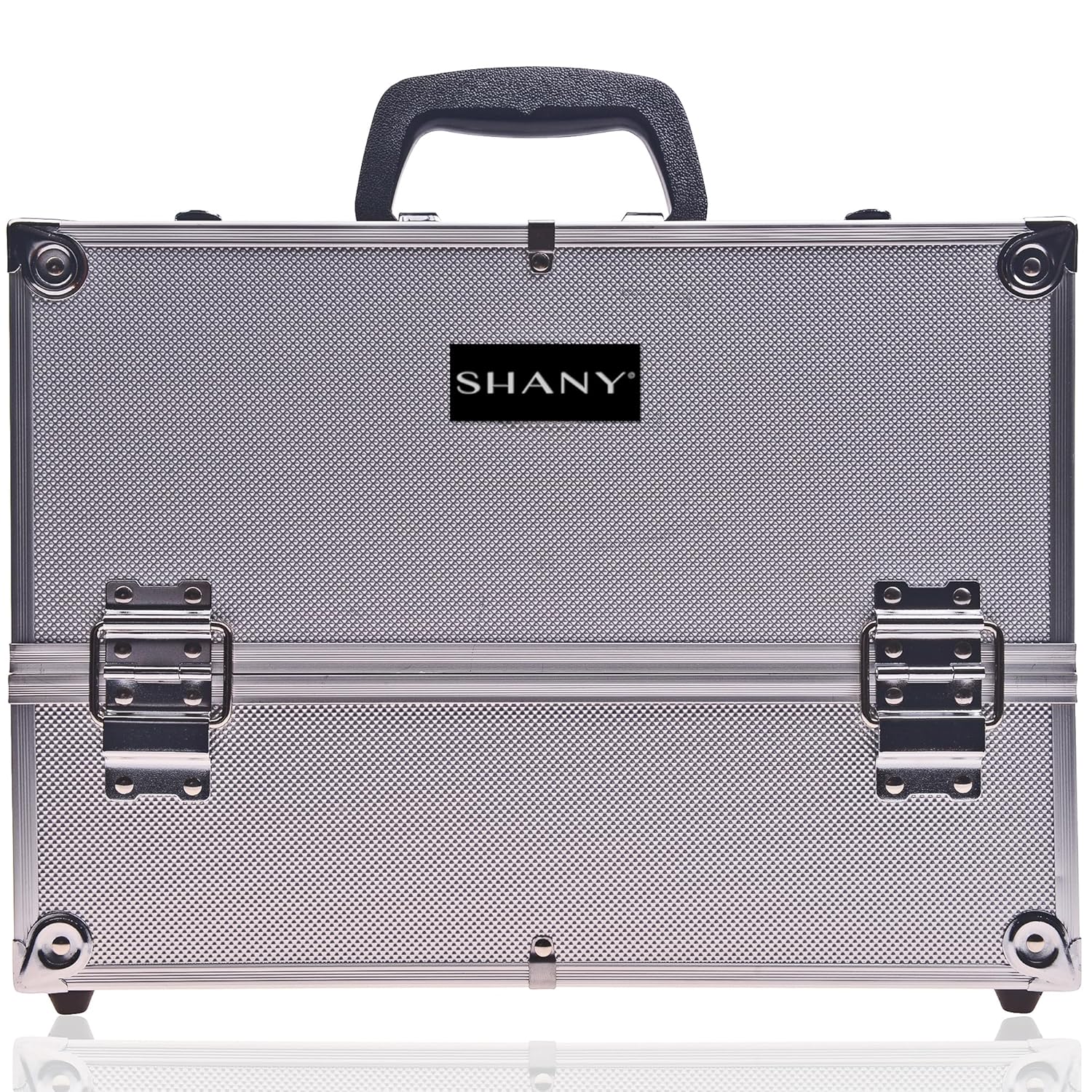 SHANY Essential Pro Makeup Train Case Cosmetic Box Portable Makeup Case Cosmetics Beauty Organizer Jewelry storage with Locks, Multi Compartments Makeup Box and Shoulder Strap - Silver