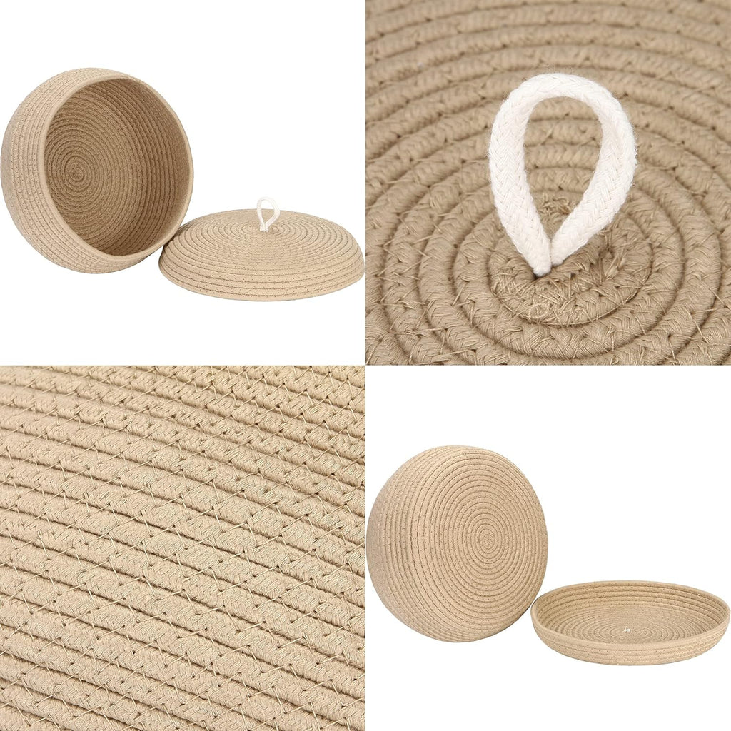 Sea Team Round Cotton Rope Storage Basket with Lid, Decorative Woven Storage Bin, Pot, Caddy, Organizer, Container for Snacks, Towels, Plants, 13 x 5.5 Inches (Large, Shallow, Khaki)