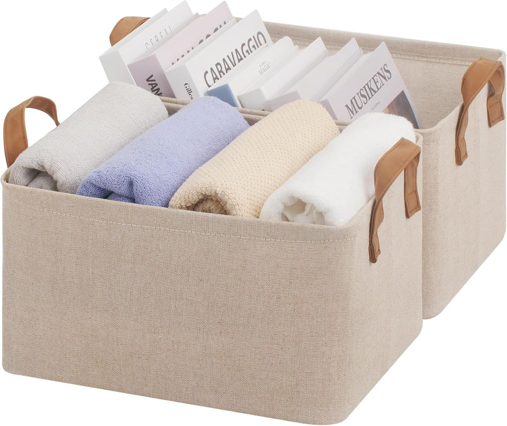 StorageWorks Storage Bins, Fabric Storage Bins for Shelves, Storage Baskets with Metal Frame, Closet Baskets and Bins with Handles, Brown and Beige, 2-Pack