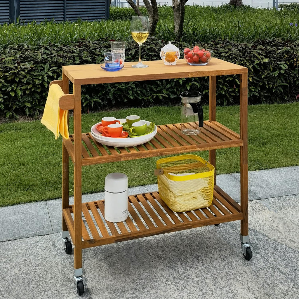 Interbuild 3 Tier Acacia Hardwood Kitchen Cart Portable Rolling Trolley Cart Kitchen Storage Utility Cart with Towel Rack (Golden Teak)