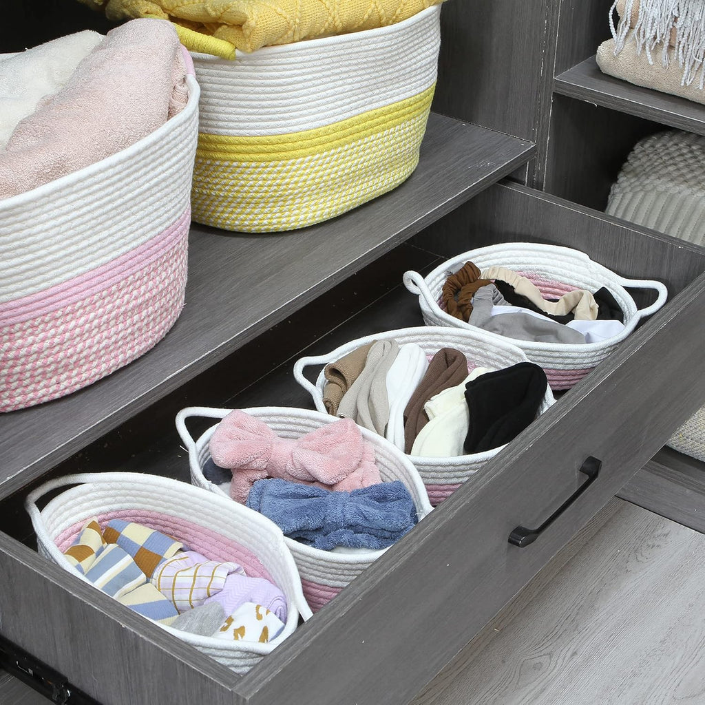 Sea Team 2-Pack Cotton Rope Baskets, 10 x 3 Inches Small Woven Storage Basket, Fabric Tray, Bowl, Round Open Dish for Fruits, Jewelry, Keys, Sewing Kits (Pink & White)