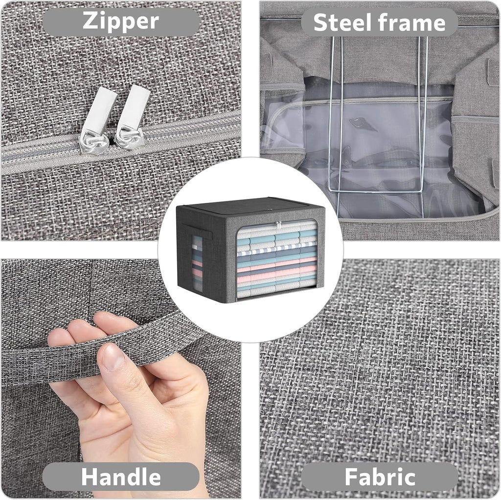 FHSQX 2 Pack Clear Window Storage Bins Foldable Fabric Storage Bins Boxes for Clothes Stackable Box Organizer Set with Carrying Handles (Gray,22L, 15.7x 11.8x 7.8 Inch)