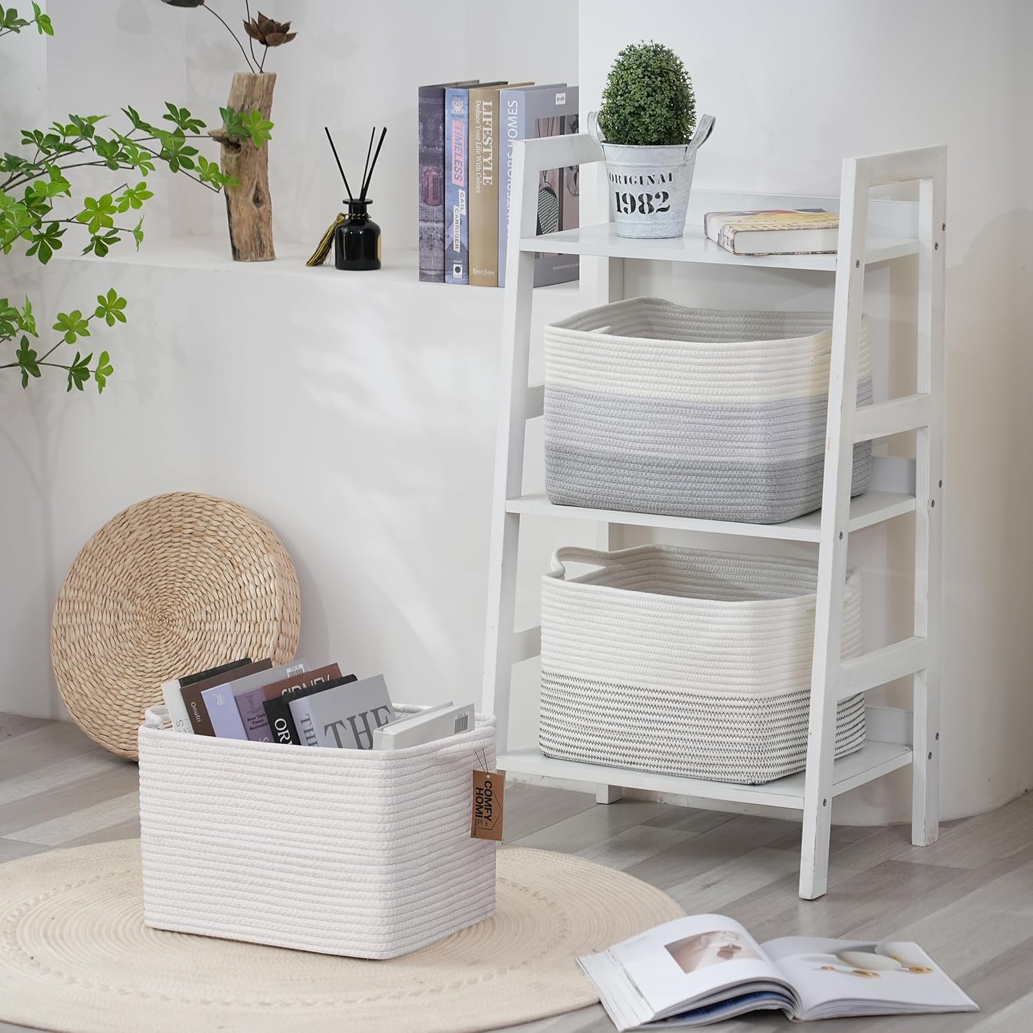 COMFY-HOMI 3PACK Cotton Rope Rectangular Storage Baskets for Living Room, Baby Room, Office (All White, 13.5" x 11" x 9.5")