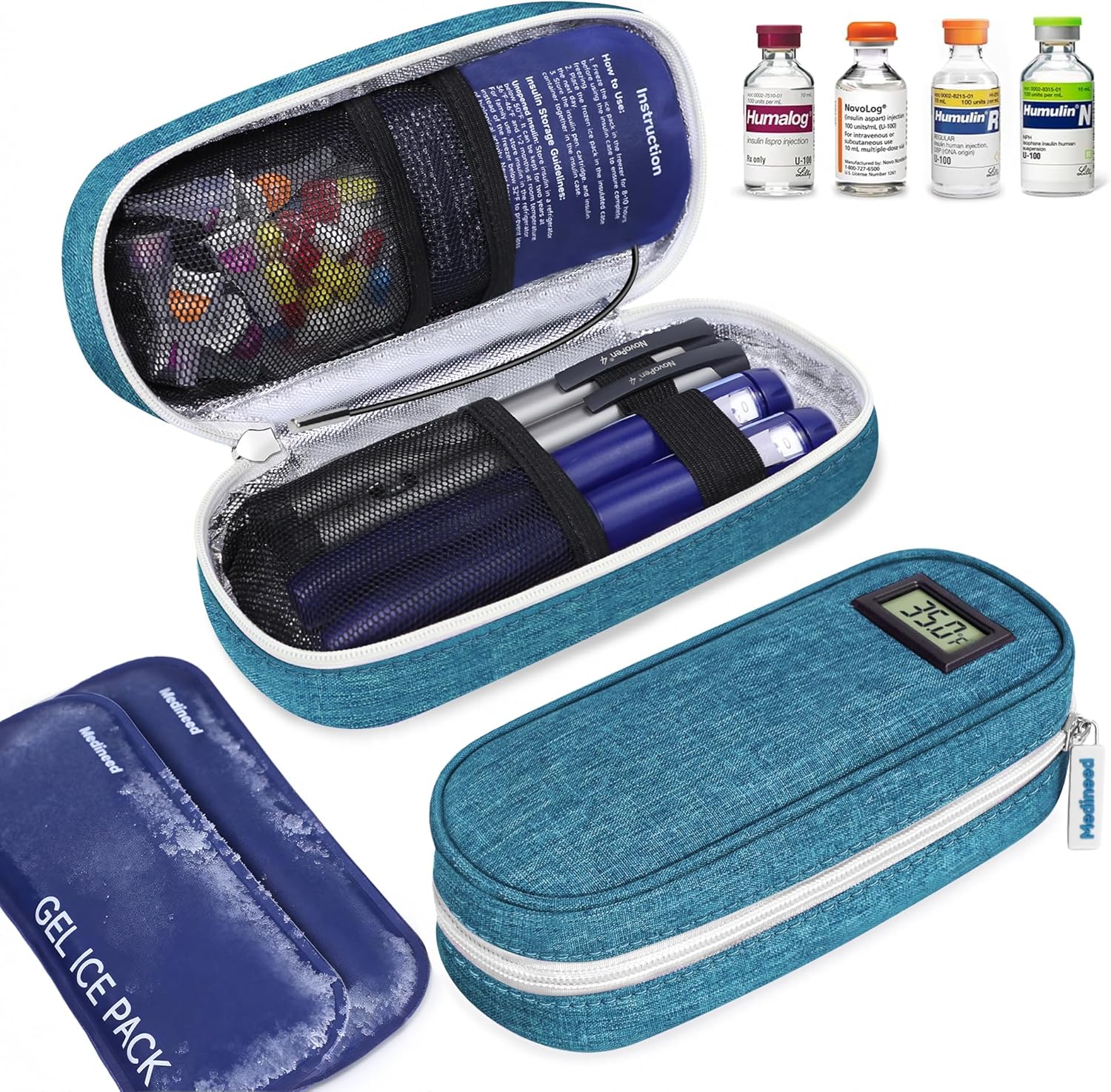 Insulin Cooler Travel Case TSA Approved with Temperature Display – Diabetic Medication Travel Case with 2 × 90g Ice Packs, Portable Medicine Organizer for 3–4 Insulin Pens and Diabetic Supplies(Blue)