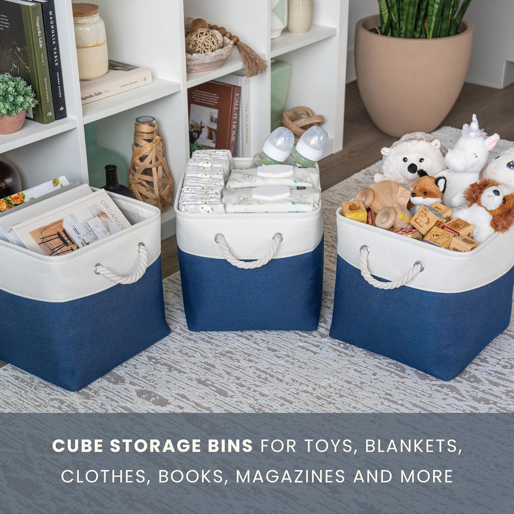 OrganiHaus 11x11 Cube Storage Bins 4 Pack, Foldable Cube Storage Organizer w/ Rope Handles, Collapsible Fabric Bins for Toys, Clothes & Closet Organization, Fabric Square Baskets - Navy Blue